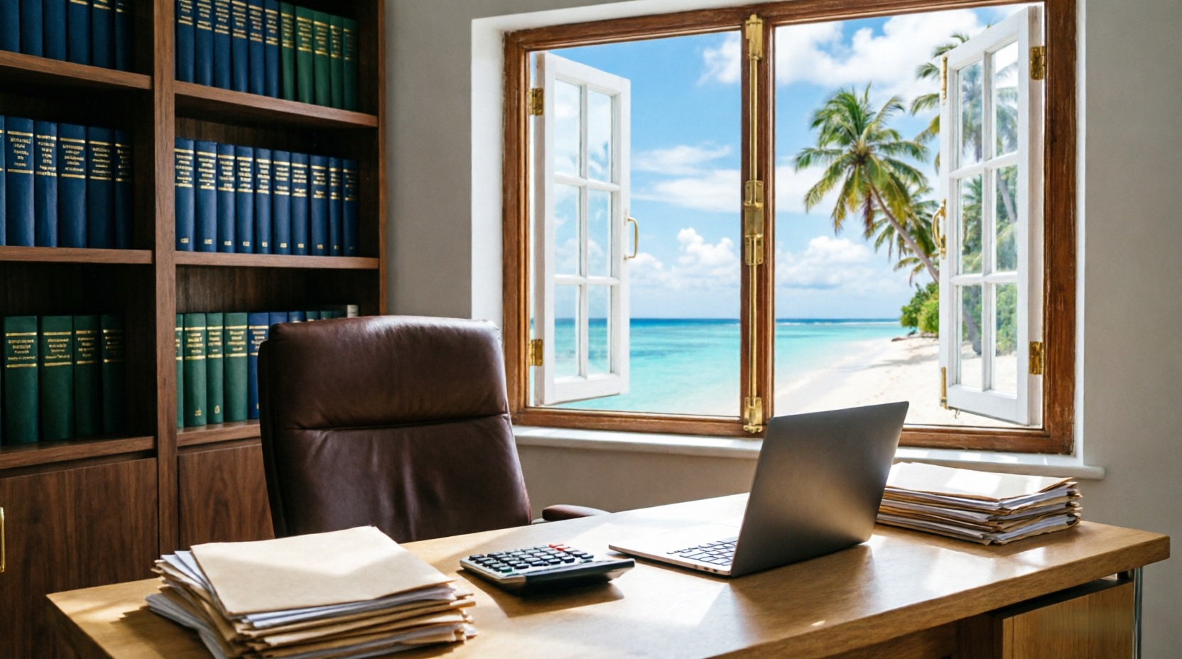 Un bureau d'expertise comptable, dossiers et ordinateur, ouvert sur une fenetre donnant sur le lagon.